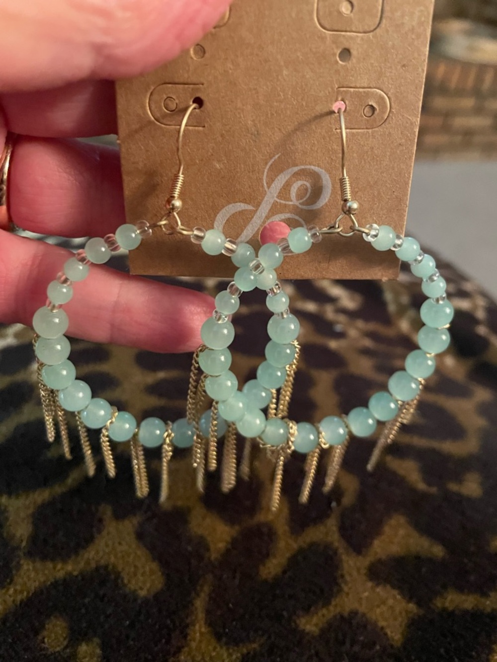 Light Green Beaded Hoop Earrings with Gold Tassels - Women Jewelry - Picture 2 of 3